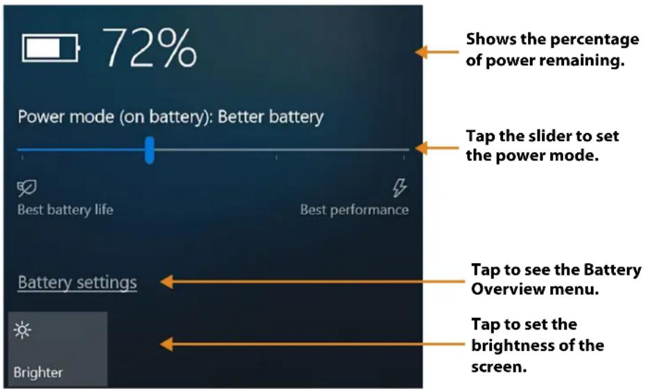 72% Power mode (on battery): Better battery Shows the percentage of power remaining. Tap the slider to set the power mode. Best battery life Best performance Battery settings Brighter Tap to see the Battery Overview menu. Tap to set the brightness of the screen.