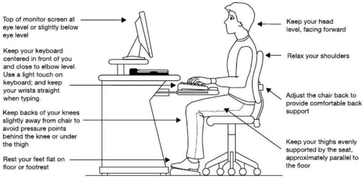 Top of monitor screen at eye level or slightly below eye level Keep your keyboard centered in front of you and close to elbow level. Use a light touch on keyboard; and keep your wrists straight when typing. Keep backs of your knees slightly away from chair to avoid pressure points behind the knee or under the thigh Rest your feet flat on floor or footrest Keep your head level, facing forward Relax your shoulders Adjust the chair back to provide comfortable back support Keep your thighs evenly supported by the seat, approximately parallel to the floor