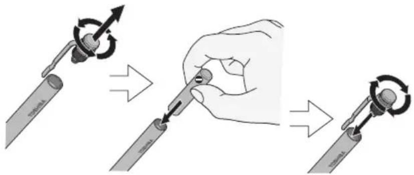 Diagram illustrating the step-by-step installation of a mechanical component with rotation arrows and labeled parts.