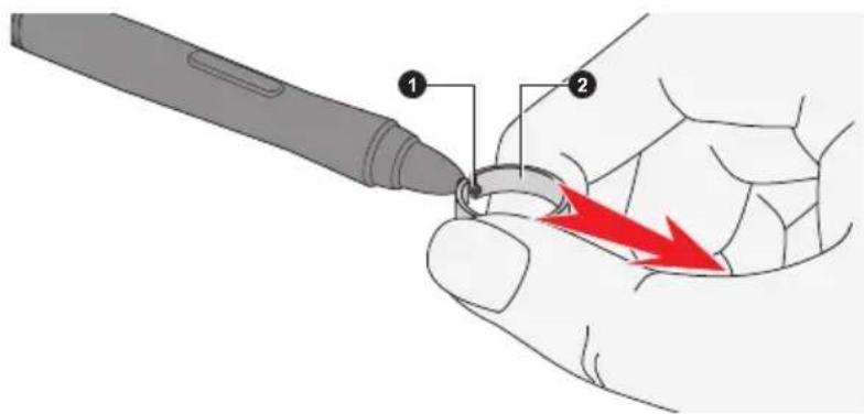 Diagram showing a hand holding a pen with labeled parts and a red arrow indicating direction or force on the pen tip.