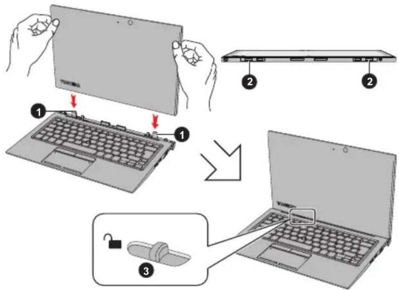 Diagram illustrating the step-by-step installation of a laptop keyboard, showing change from holding to opening and locking.