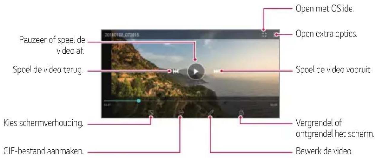 Pauzeer of speel de video af. Spoel de video terug. Kies schermverhouding. GIF-bestand aanmaken. Open met QSlide. Open extra opties. Spoel de video vooruit. Vergrendel of ontgrendel het scherm. Bewerk de video.