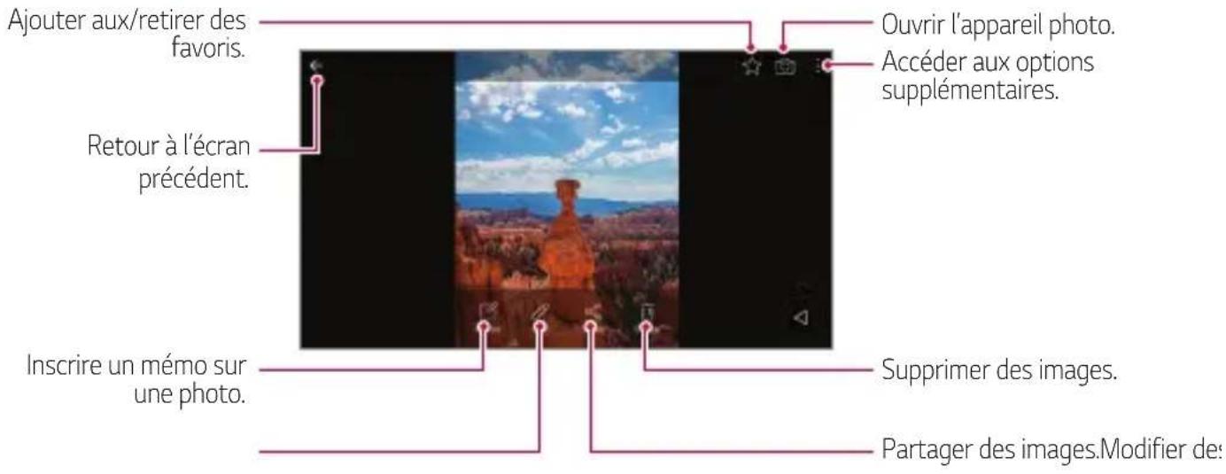 Ajouter aux/retirer des favoris. Ouvrir l'appareil photo. Accéder aux options supplémentaires. Retour à l'écran précédent. Inscrire un mémo sur une photo. Supprimer des images. Partager des images.Modifier des