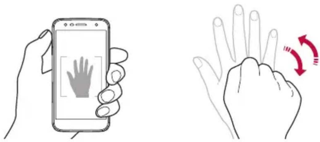 Illustration showing a smartphone screen displaying a fingerprint and a hand gesture with red curved arrows indicating motion or rotation.