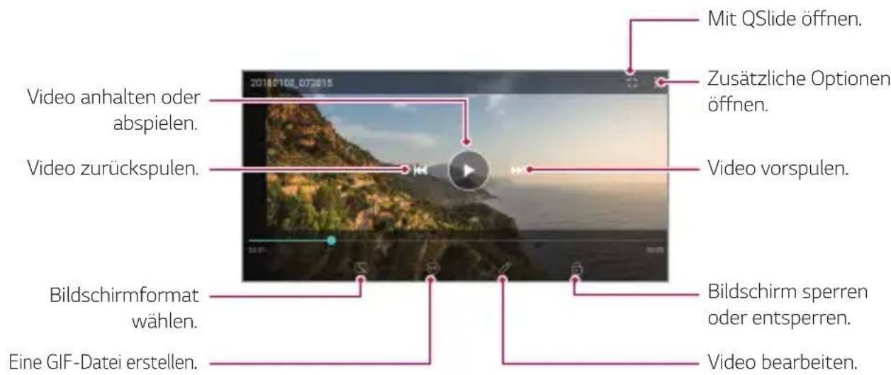 Mit QSlide öffnen. Zusätzliche Optionen öffnen. Video anhalten oder abspielen. Video zurückspulen. Video vorspulen. Bildschirmformat wählen. Eine GIF-Datei erstellen. Bildschirm sperren oder entsperren. Video bearbeiten.