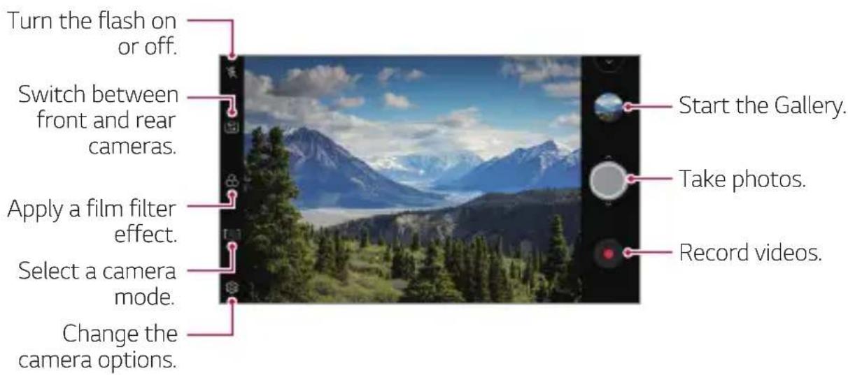Turn the flash on or off. Switch between front and rear cameras. Apply a film filter effect. Select a camera mode. Change the camera options. Start the Gallery. Take photos. Record videos.