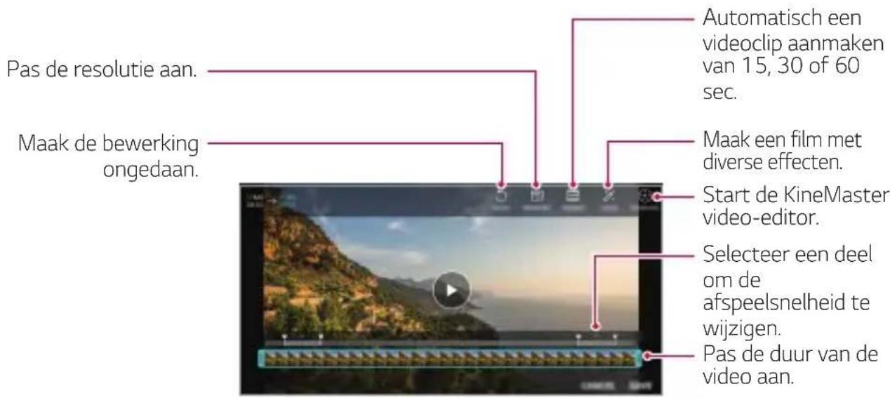 Pas de resolutie aan. Maak de bewerking ongedaan. Automatisch een videoclip aanmaken van 15, 30 of 60 sec. Maak een film met diverse effecten. Start de KineMaster video-editor. Selecteer een deel om de afspeelsnelheid te wijzigen. Pas de duur van de video aan.