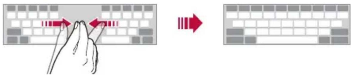 Diagram illustrating typing technique with hand gesture and keyboard layout, showing red double-headed arrows indicating movement.