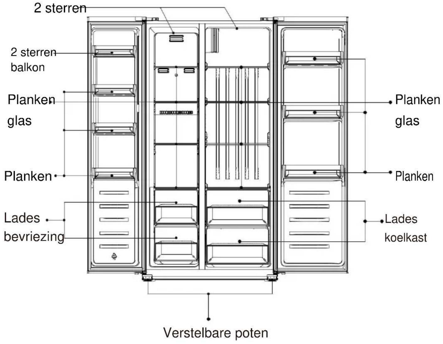 2 sterren 2 sterren balkon Planken glas Planken Lades bevriezing Verstelbare poten Planken glas Planken Lades koelkast