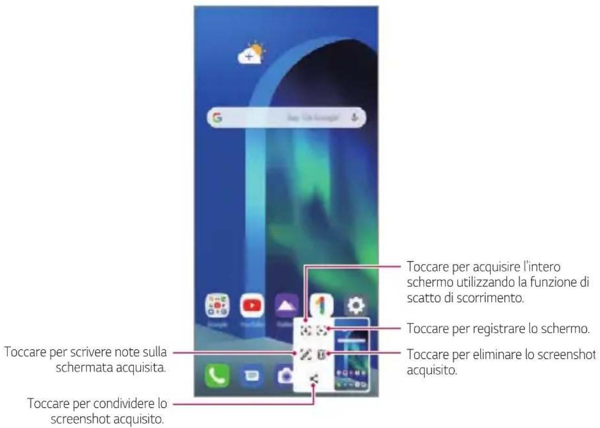 Toccare per scrivere note sulla schermata acquisita. Toccare per condividere lo screenshot acquisito. Toccare per registrare lo schermo. Toccare per acquisire l'intero schermo utilizzando la funzione di scatto di scorrimento. Toccare per eliminare lo screenshot acquisito.
