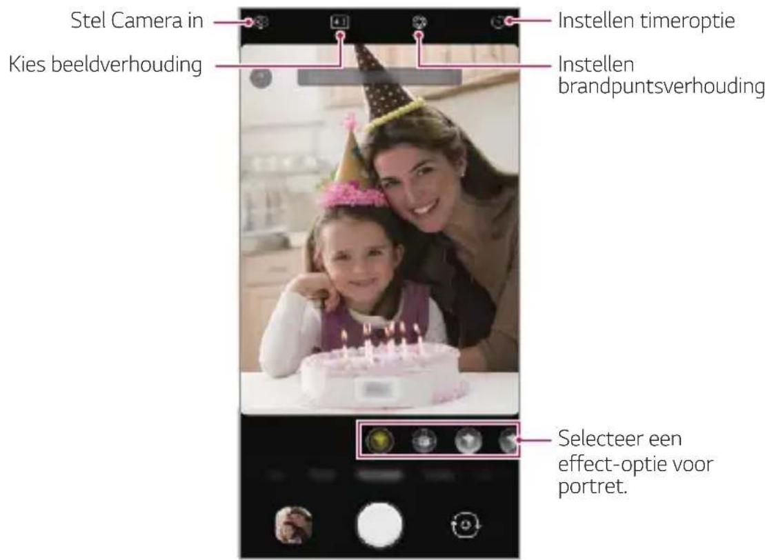 Stel Camera in Kies beeldverhouding Instellen timeroptie Instellen brandpuntsverhouding Selecteer een effect-optie voor portret.