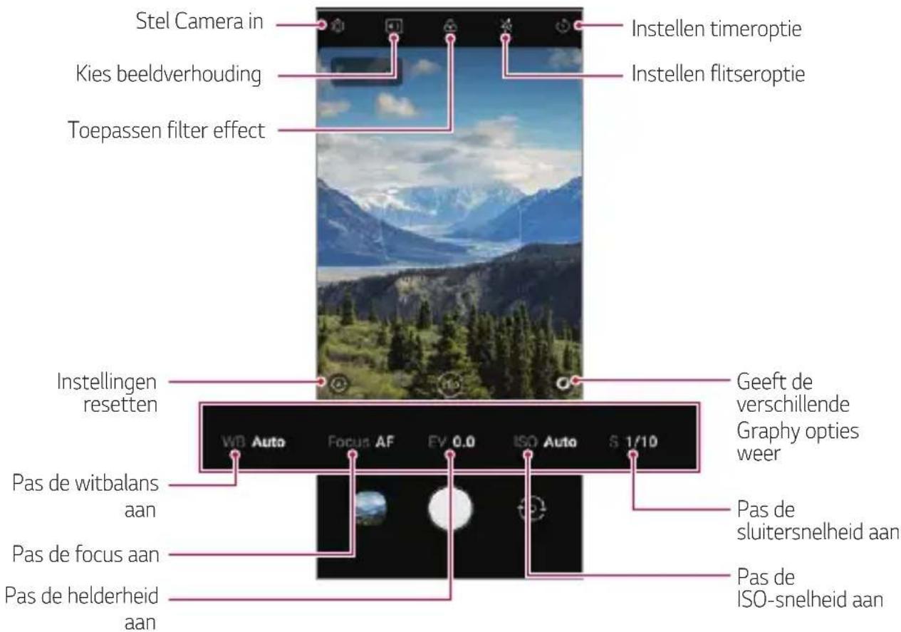 Stel Camera in Kies beeldverhouding Toepassen filter effect Instellen timeroptie Instellen flitseroptie Instellingen resetten Geeft de verschillende Graphy opties weer WB Auto Focus AF EV 0.0 ISO Auto S 1/10 Pas de witbalans aan Pas de focus aan Pas de helderheid aan Pas de sluitersnelheid aan Pas de ISO-snelheid aan