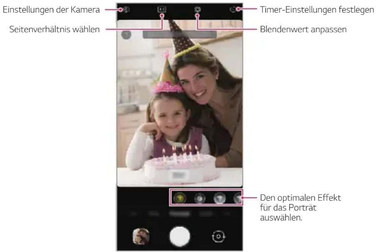 Einstellungen der Kamera Seitenverhältnis wählen Timer-Einstellungen festlegen Blendenwert anpassen Den optimalen Effekt für das Porträt auswählen.