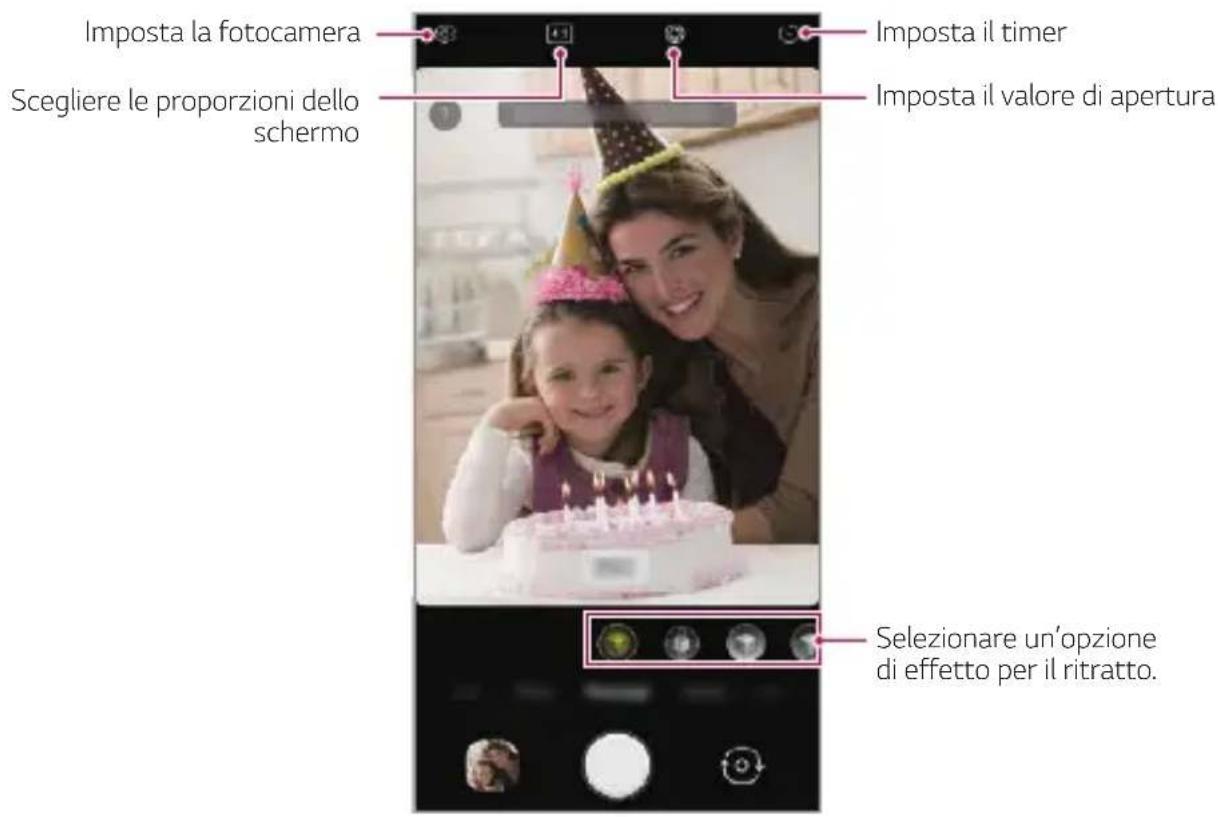 Imposta la fotocamera Scegliere le proporzioni dello schermo Imposta il timer Imposta il valore di apertura Selezionare un'opzione di effetto per il ritratto.