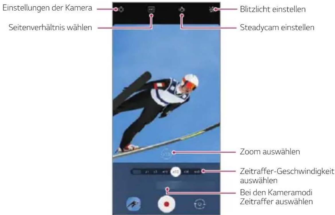Einstellungen der Kamera Seitenverhältnis wählen Blitzlicht einstellen Steadycam einstellen Zoom auswählen Zeitraffer-Geschwindigkeit auswählen Bei den Kameramodi Zeitraffer auswählen