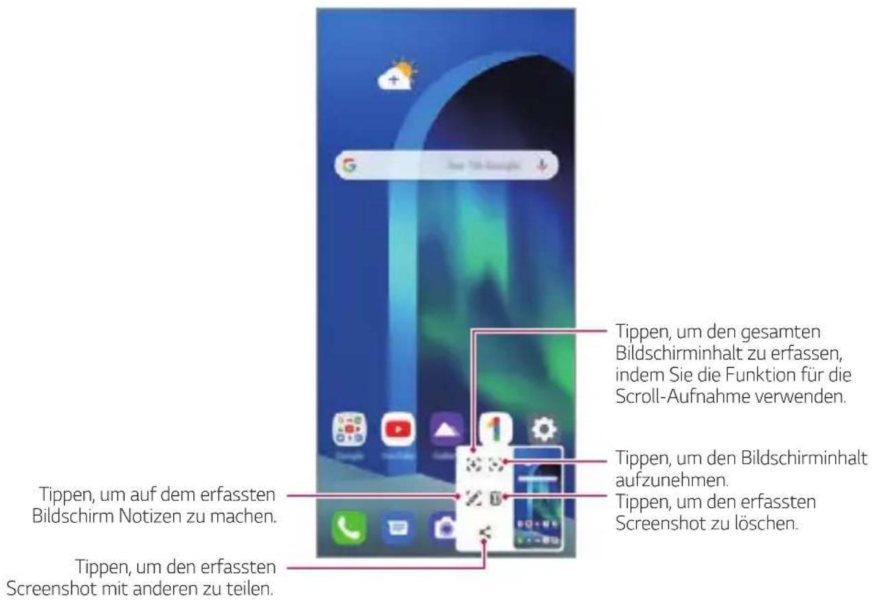 Tippen, um den gesamten Bildschirminhalt zu erfassen, indem Sie die Funktion für die Scroll-Aufnahme verwenden. Tippen, um den Bildschirminhalt aufzunehmen. Tippen, um den erfassten Screenshot zu löschen. Tippen, um auf dem erfassten Bildschirm Notizen zu machen. Tippen, um den erfassten Screenshot mit anderen zu teilen.
