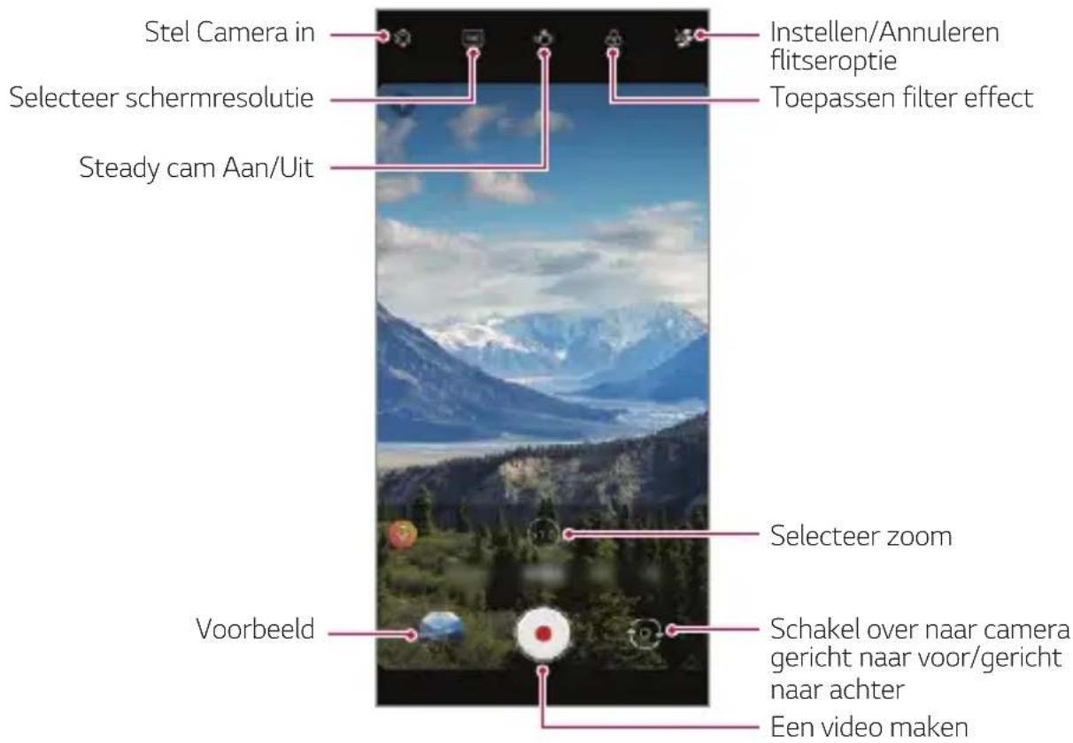 Stel Camera in Selecteer schermresolutie Steady cam Aan/Uit Instellen/Annuleren flitseroptie Toepassen filter effect Selecteer zoom Voorbeeld Schakel over naar camera gericht naar voor/gericht naar achter Een video maken