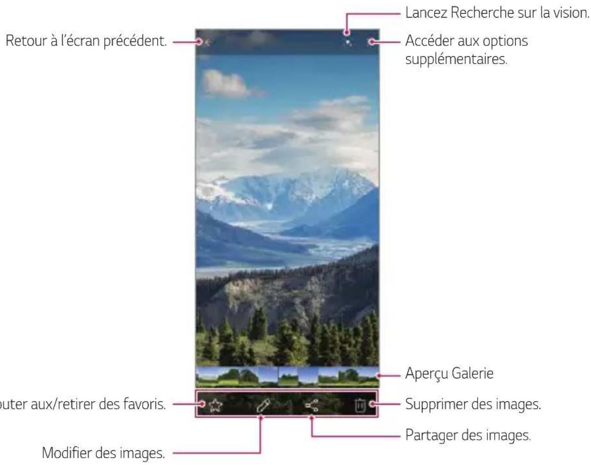 Lancez Recherche sur la vision. Accéder aux options supplémentaires. Retour à l'écran précédent. Aperçu Galerie Supprimer des images. Portager des images. Modifier des images. outer aux/retirer des favoris.