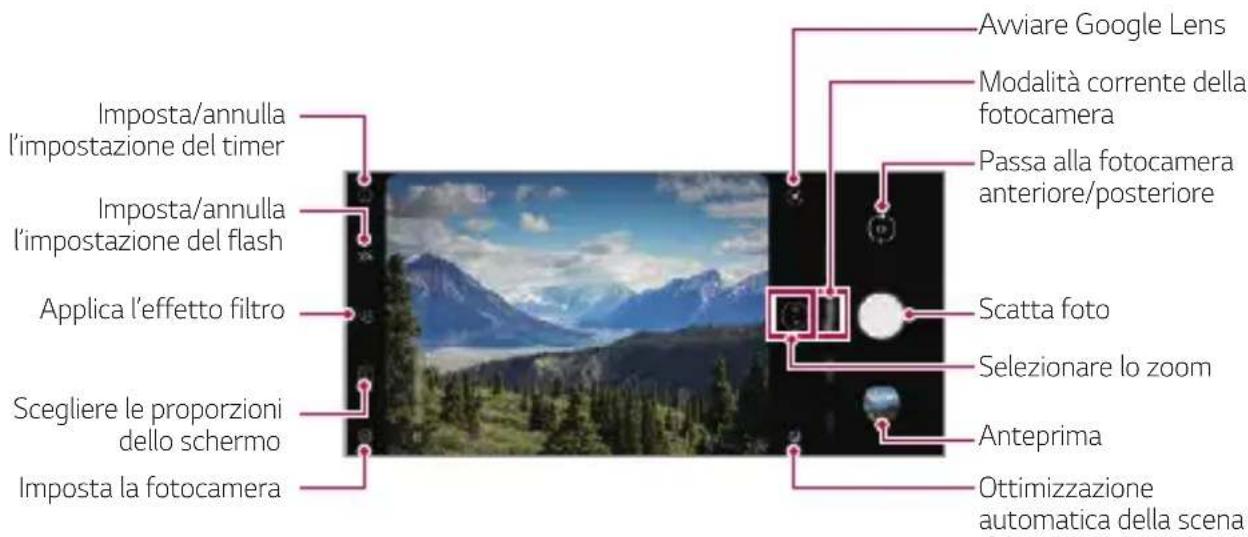 Avviare Google Lens Modalità corrente della fotocamera Passa alla fotocamera anteriore/posteriore Imposta/annulla l'impostazione del timer Imposta/annulla l'impostazione del flash Applica l'effetto filtro Scatta foto Selezionare lo zoom Scegliere le proporzioni dello schermo Anteprima Ottimizzazione automatica della scena Imposta la fotocamera