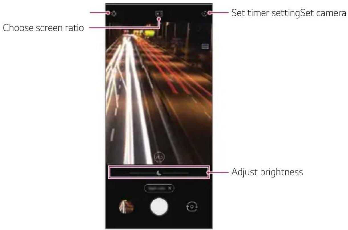 Set timer settingSet camera Choose screen ratio Adjust brightness