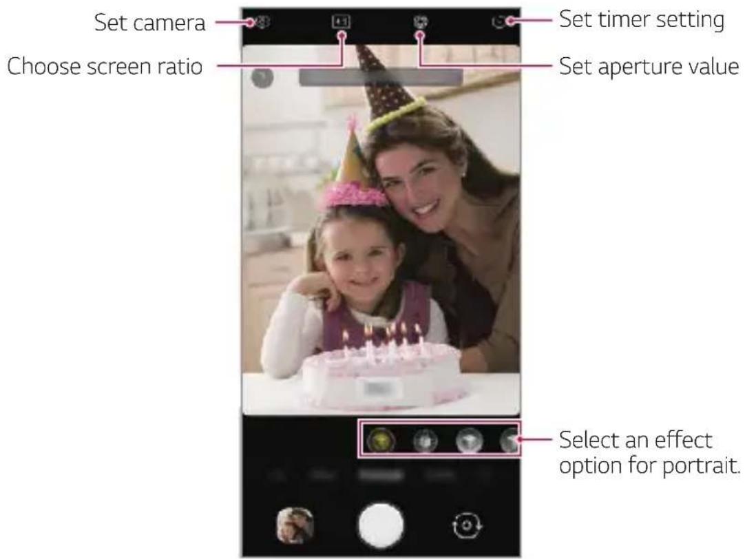 Set camera Choose screen ratio Set timer setting Set aperture value Select an effect option for portrait.