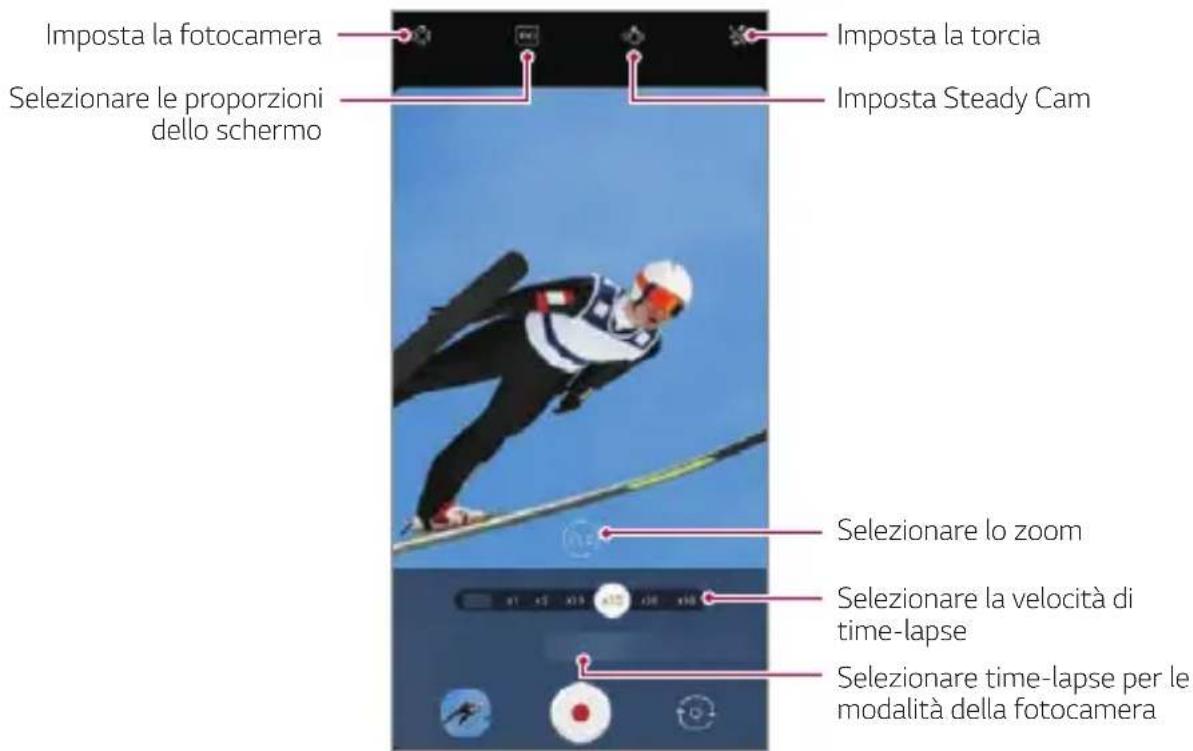 Imposta la fotocamera Selezionare le proporzioni dello schermo Imposta la torcia Imposta Steady Cam Selezionare lo zoom Selezionare la velocità di time-lapse Selezionare time-lapse per le modalità della fotocamera