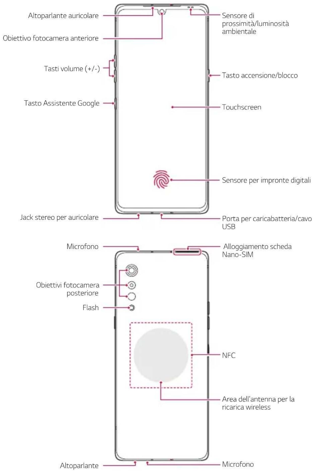 Altoparlante auricolare Obiettivo fotocamera anteriore Tasti volume (+/-) Tasto Assistente Google Jack stereo per auricolare Sensore di prossimità/luminosità ambientale Tasto accensione/blocco Touchscreen Sensore per impronte digitali Porta per caricabatteria/cavo USB Microfono Alloggiamento scheda Nano-SIM Obiettivi fotocamera posteriore Flash NFC Area dell'antenna per la ricarica wireless Altoparlante Microfono