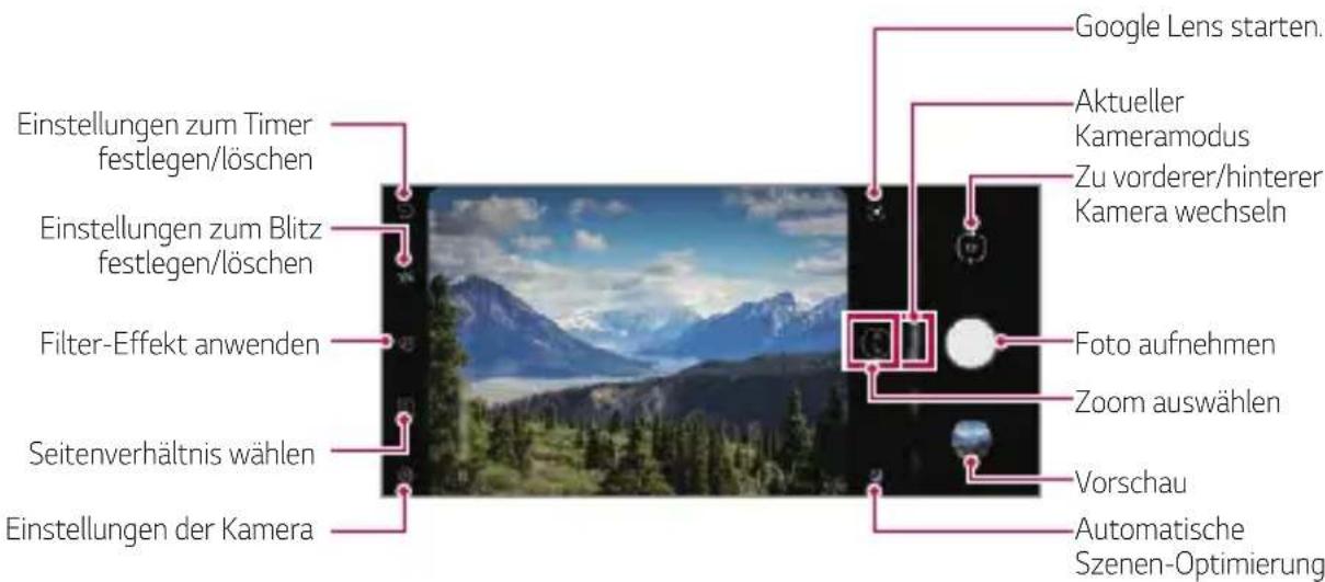 Einstellungen zum Timer festlegen/löschen Einstellungen zum Blitz festlegen/löschen Filter-Effekt anwenden Seitenverhältnis wählen Einstellungen der Kamera Google Lens starten. Aktueller Kameramodus Zu vorderer/hinterer Kamera wechseln Foto aufnehmen Zoom auswählen Vorschau Automatische Szenen-Optimierung