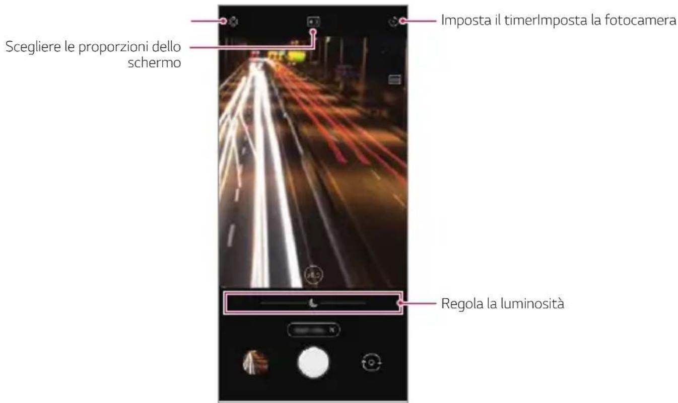 Scegliere le proporzioni dello schermo Imposta il timerImposta la fotocamera Regola la luminosità