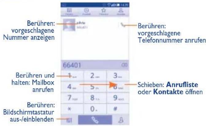 Berühren: vorgeschlagene Nummer anzeigen 66401 Berühren und halten: Mailbox anrufen 1 2 3 4 5 6 7 8 9 × 0. # Schieben: Anrufliste oder Kontakte öffnen Berühren: Bildschirmtastatur aus-/einblenden