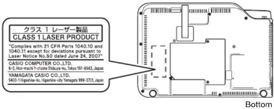 クラス 1 レーザー製品 CLASS 1 LASER PRODUCT "Complies with 21 CFR Parts 1040.10 and 1040.11 except for deviations pursuant to Laser Notice No.50 dated June 24, 2007" CASIO COMPUTER CO.,LTD. 6-2, Hon-machi 1-chome Shibuya-ku, Tokyo 151-8543, Japan YAMAGATA CASIO CO.,LTD. 5400-1Higashine-ku, Higashine-city Yamagata 999-3701, Japan Bottom
