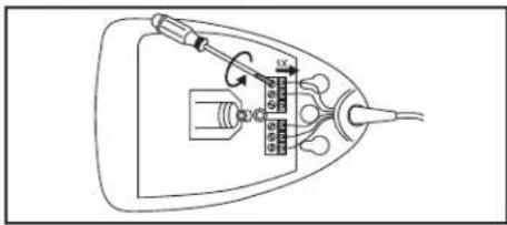 Diagram of an electrical connector with labeled pins and wiring, showing connections and polarity indicators