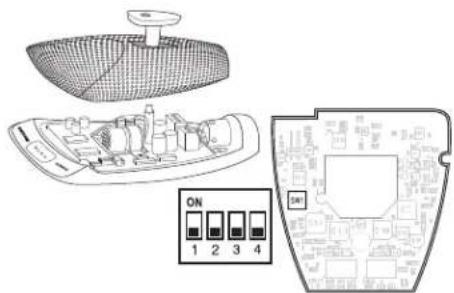 Diagram of a device interior with labeled buttons and a schematic layout showing a grid, switch, and floor plan.