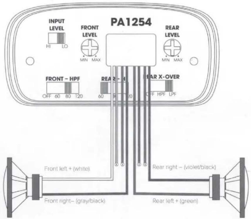 PA1254 INPUT LEVEL HI LO FRONT LEVEL MIN MAX REAR LEVEL MIN MAX FRONT - HPF OFF 60 80 120 60 REAR - H 120 EAR X-OVER OFF HPF LPF Front left + (white) Front right- (gray/black) Rear right - (violet/black) Rear left + (green)