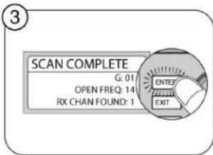 SCAN COMPLETE G: 01 OPEN FREQ: 14 RX CHAN FOUND: 1 ENTER EXIT