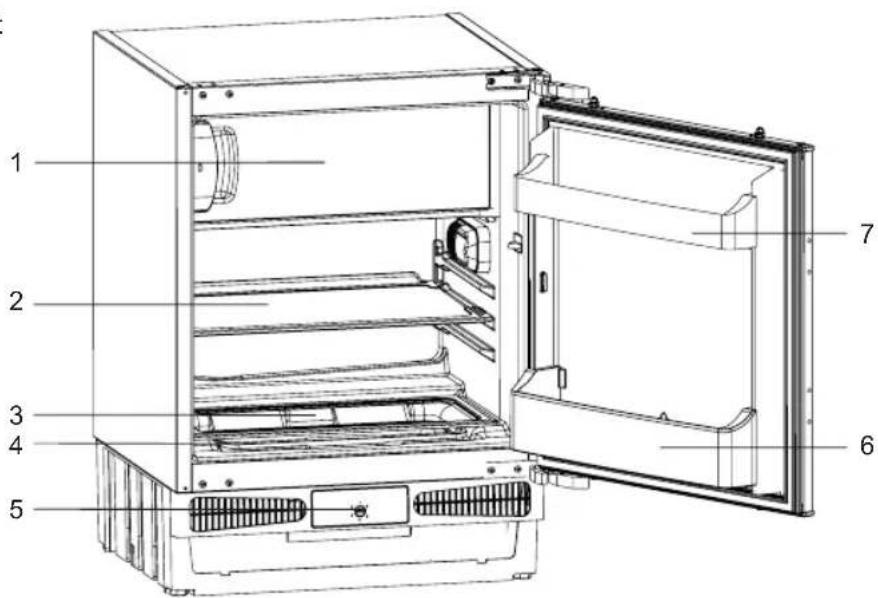 Technical diagram of an open refrigerator with numbered parts labeled for identification.