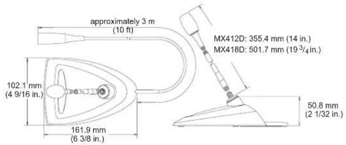 approximately 3 m (10 ft) MX412D: 355.4 mm (14 in.) MX418D: 501.7 mm (19³/₄ in.) 102.1 mm (4 9/16 in.) 161.9 mm (6 3/8 in.) 50.8 mm (2 1/32 in.)