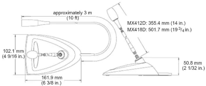 approximately 3 m (10 ft) MX412D: 355.4 mm (14 in.) MX418D: 501.7 mm (19³/₄ in.) 102.1 mm (4 9/16 in.) 161.9 mm (6 3/8 in.) 50.8 mm (2 1/32 in.)
