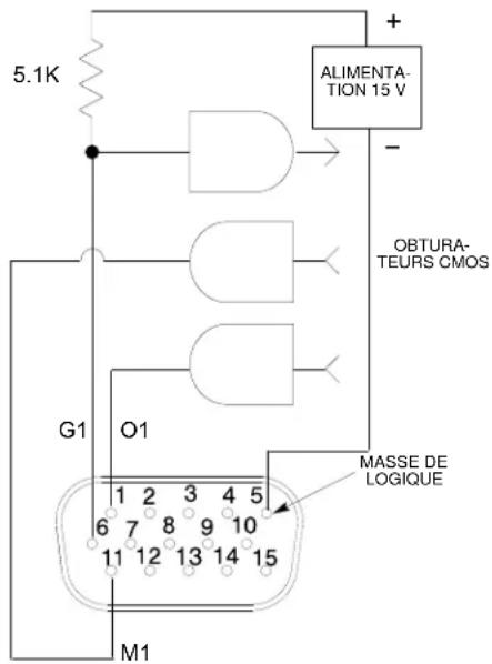 5.1K ALIMENTATION 15 V - OBTURA- TEURS CMOS G1 O1 MASSE DE LOGIQUE 1 2 3 4 5 6 7 8 9 10 11 12 13 14 15 M1