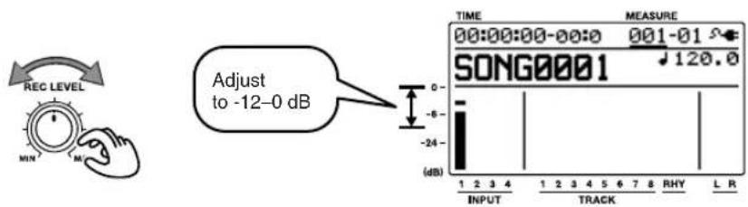 REC LEVEL MIN M Adjust to -12-0 dB 0- -6 -24 (dB) TIME MEASURE 00:00:00-00:0 SONG0001 120.0 INPUT TRACK 1 2 3 4 1 2 3 4 5 6 7 8 RHY L R
