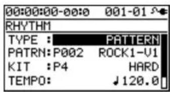 00:00:00-00:0 001-01 RHYTHM TYPE : PATTERN PATRN:P002 ROCK1-V1 KIT :P4 HARD TEMPO: ↓120.0