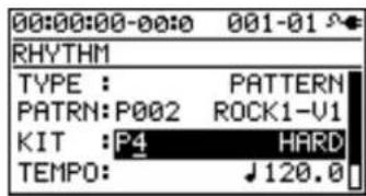 00:00:00-00:0 001-01 RHYTHM TYPE : PATTERN PATRN:P002 ROCK1-V1 KIT :P4 HARD TEMPO: ↓120.0
