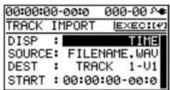 00:00:00-00:0 000-00 TRACK IMPORT EXEC: DISP : TIME SOURCE: FILENAME.WAV DEST : TRACK 1-V1 START : 00:00:00-00:0