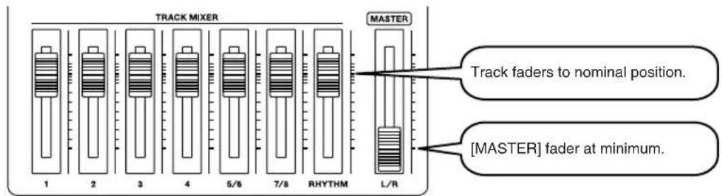 TRACK MIXER 1 2 3 4 5/6 7/8 RHYTHM MASTER Track faders to nominal position. [MASTER] fader at minimum.