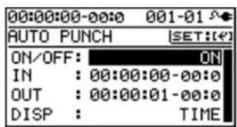 00:00:00-00:0 001-01 AUTO PUNCH |SET:[4] ON/OFF : ON IN : 00:00:00-00:0 OUT : 00:00:01-00:0 DISP : TIME
