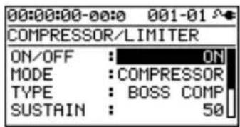 00:00:00-00:0 001-01 COMPRESSOR/LIMITER ON/OFF : ON MODE : COMPRESSOR TYPE : BOSS COMP SUSTAIN : 50