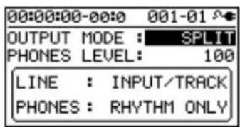 00:00:00-00:0 001-01 OUTPUT MODE : SPLIT PHONES LEVEL: 100 LINE : INPUT/TRACK PHONES : RHYTHM ONLY