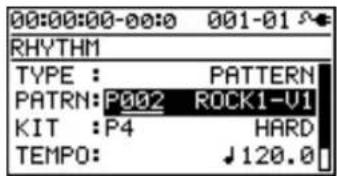 00:00:00-00:0 001-01 RHYTHM TYPE : PATTERN PATRN:P002 ROCK1-V1 KIT :P4 HARD TEMPO: ↓120.0