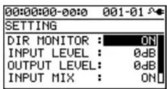 00:00:00-00:0 001-01 SETTING DIR MONITOR : ON INPUT LEVEL : 0dB OUTPUT LEVEL : 0dB INPUT MIX : ON