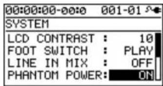 00:00:00-00:0 001-01 SYSTEM LCD CONTRAST : 10 FOOT SWITCH : PLAY LINE IN MIX : OFF PHANTOM POWER: ON